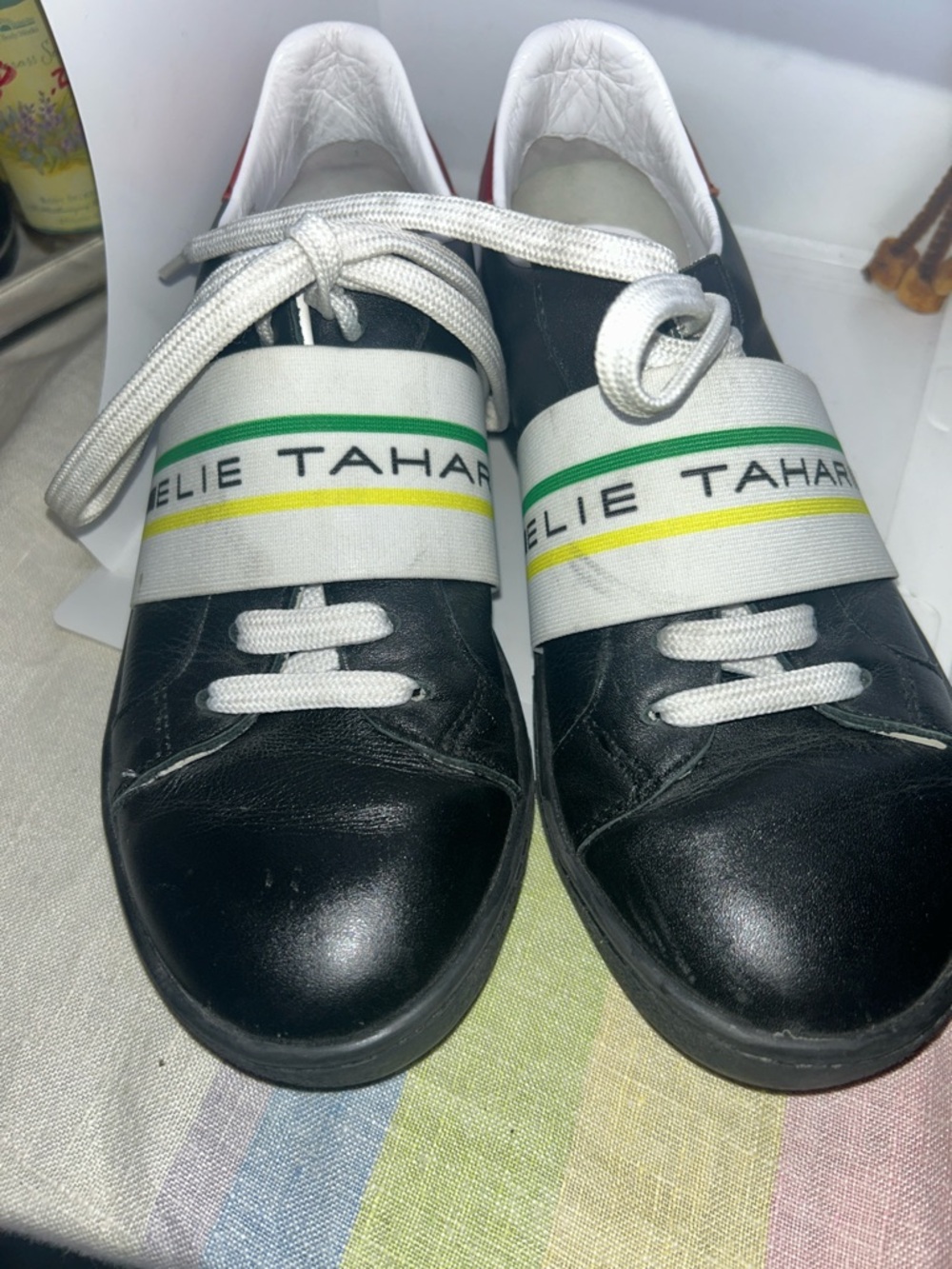 Elie Tahari Black Leather Sneakers with White Strap size 6.5/37